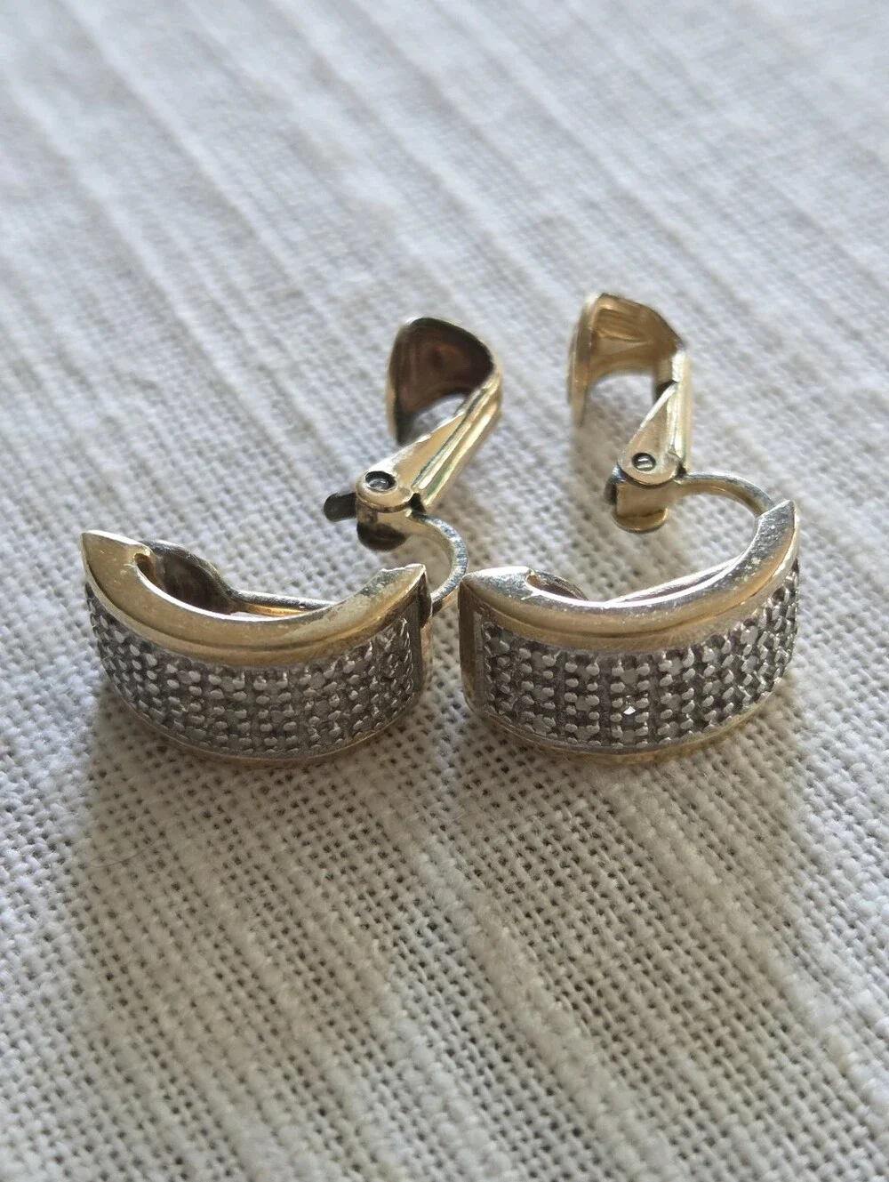 Vintage Sterling Silver Gold-Tone Clip-On Earrings with Rhinestones